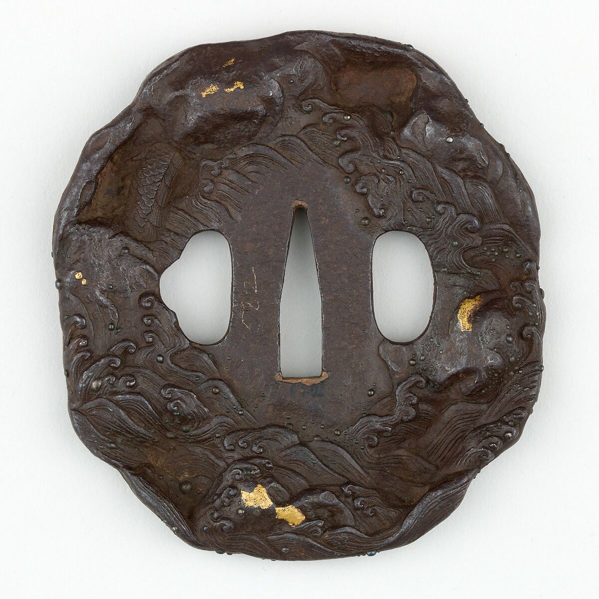 Sword Guard (<i>Tsuba</i>) Depicting Dragon in Waves (波に龍図鐔), Iron, gold, copper, Japanese