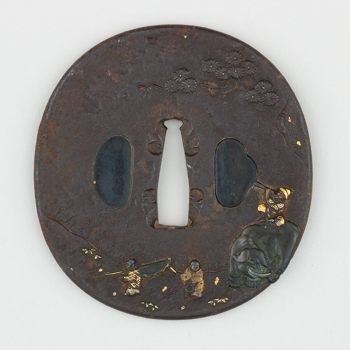 Sword Guard (<i>Tsuba</i>) With Elephant Motif (象図鐔), Iron, gold, silver, copper, copper-gold alloy (shakudō), Japanese 