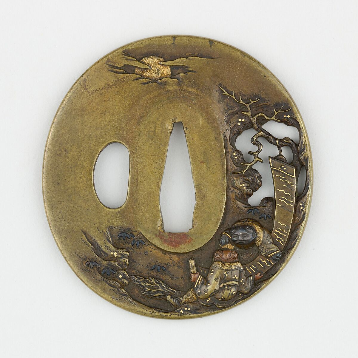 Sword Guard (<i>Tsuba</i>) Depicting Hanshan and Shide (寒山拾得図鐔), Brass, copper, gold, gold-copper alloy (shakudō), Japanese 