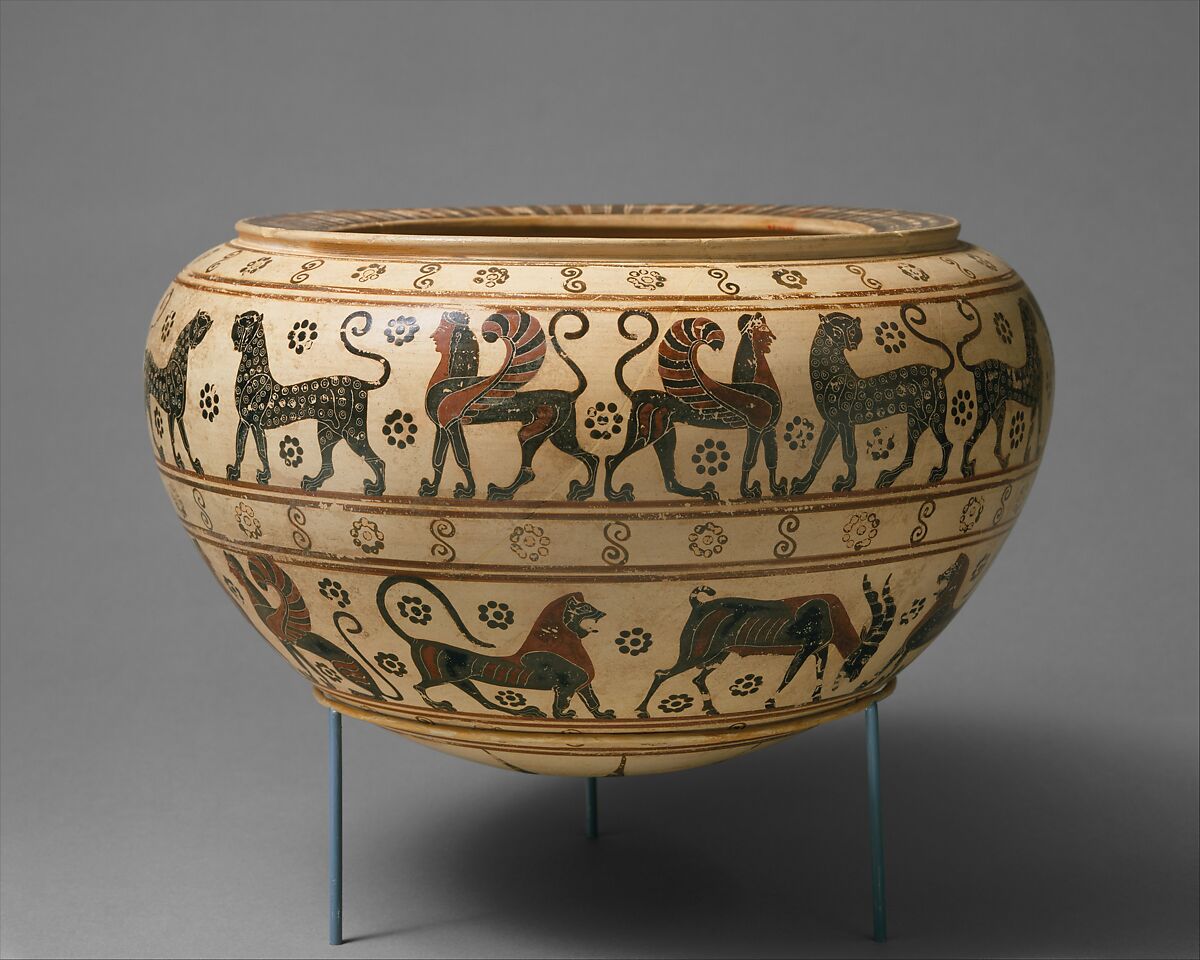 Terracotta dinos (mixing bowl), Attributed to the Polyteleia Painter, Terracotta, Greek, Corinthian 