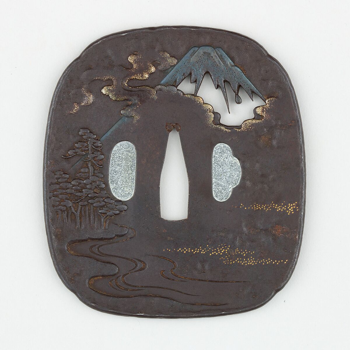 Sword Guard (<i>Tsuba</i>) Depicting The Pine Grove at Miho (三保松原図鐔), Iron, gold, silver-copper alloy (shibuichi), lead, Japanese 