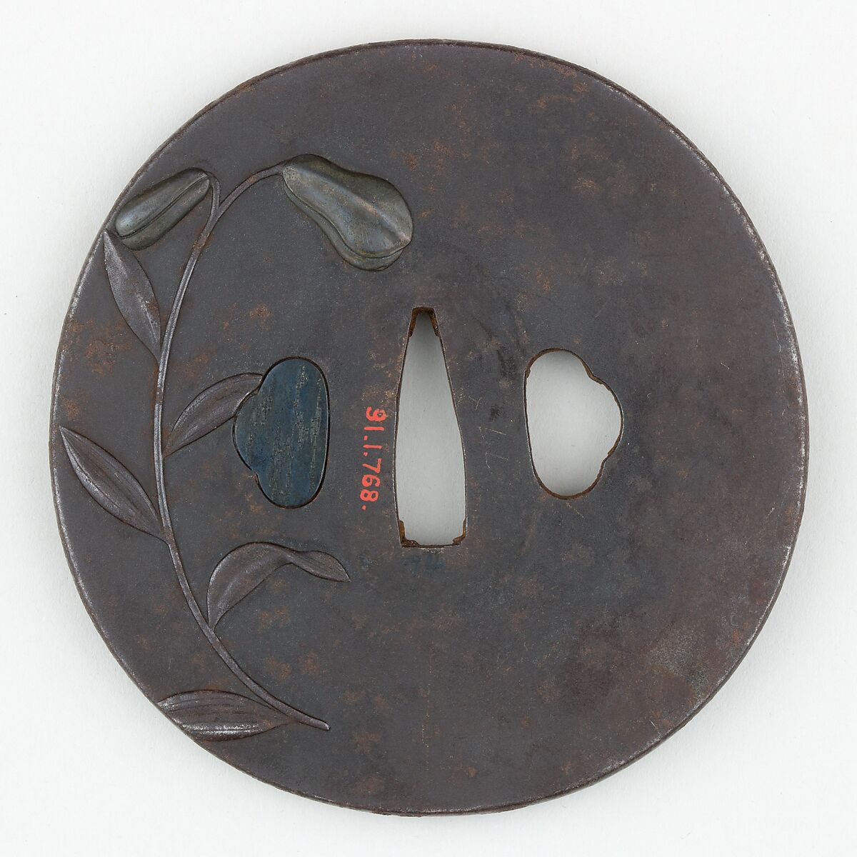 Sword Guard (Tsuba) with Lily Motif (百合図鐔), Iron, gold, silver, copper-gold alloy (<i>shakudō</i>), Japanese