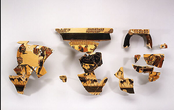 Fragmentary terracotta column-krater (bowl for mixing wine and water), Attributed to Lydos, Terracotta, Greek, Attic