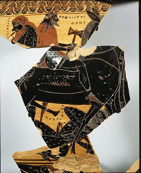 Fragmentary terracotta column-krater (bowl for mixing wine and water), Attributed to Lydos, Terracotta, Greek, Attic