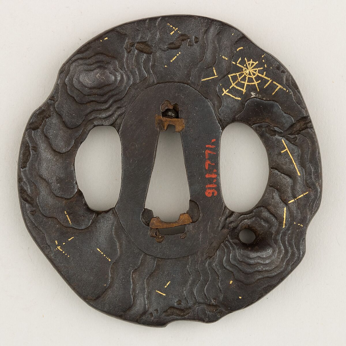 Sword Guard (<i>Tsuba</i>) Depicting Spider Web on Dead Tree (枯木に蜘蛛の巣図鐔), Iron, gold, copper, Japanese 