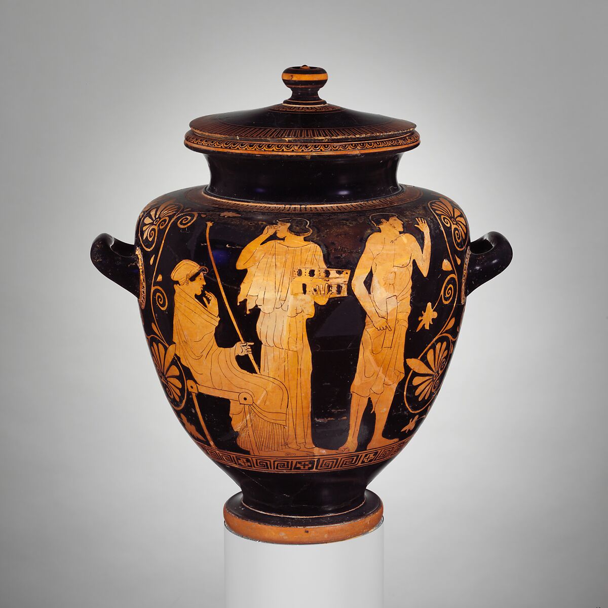 Terracotta stamnos with cover (jar), Attributed to the Deepdene Painter, Terracotta, Greek, Attic