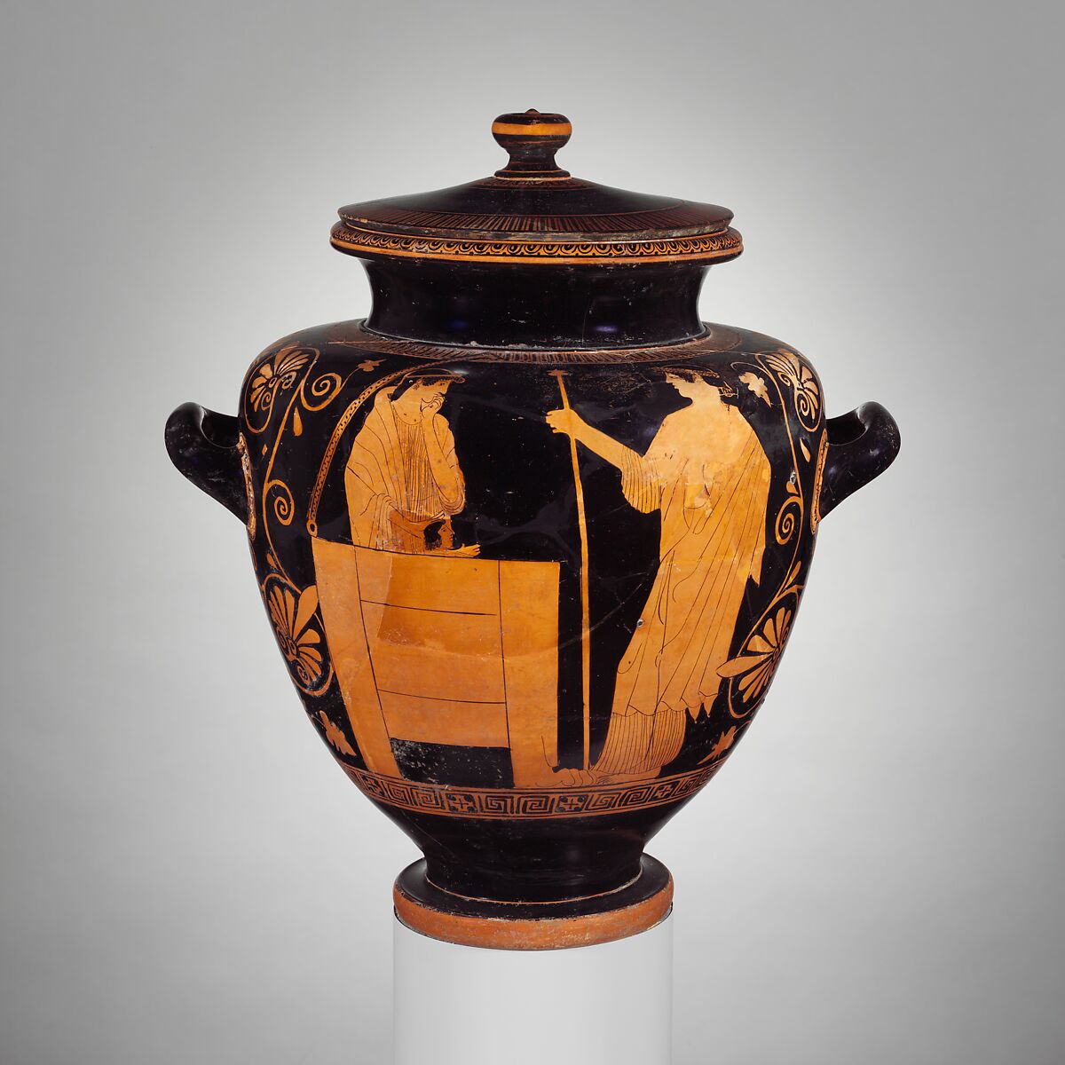 Terracotta stamnos with cover (jar), Attributed to the Deepdene Painter, Terracotta, Greek, Attic 