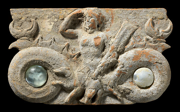 Pair of terracotta plaques with glass inlays, Terracotta, glass, Greek, South Italian