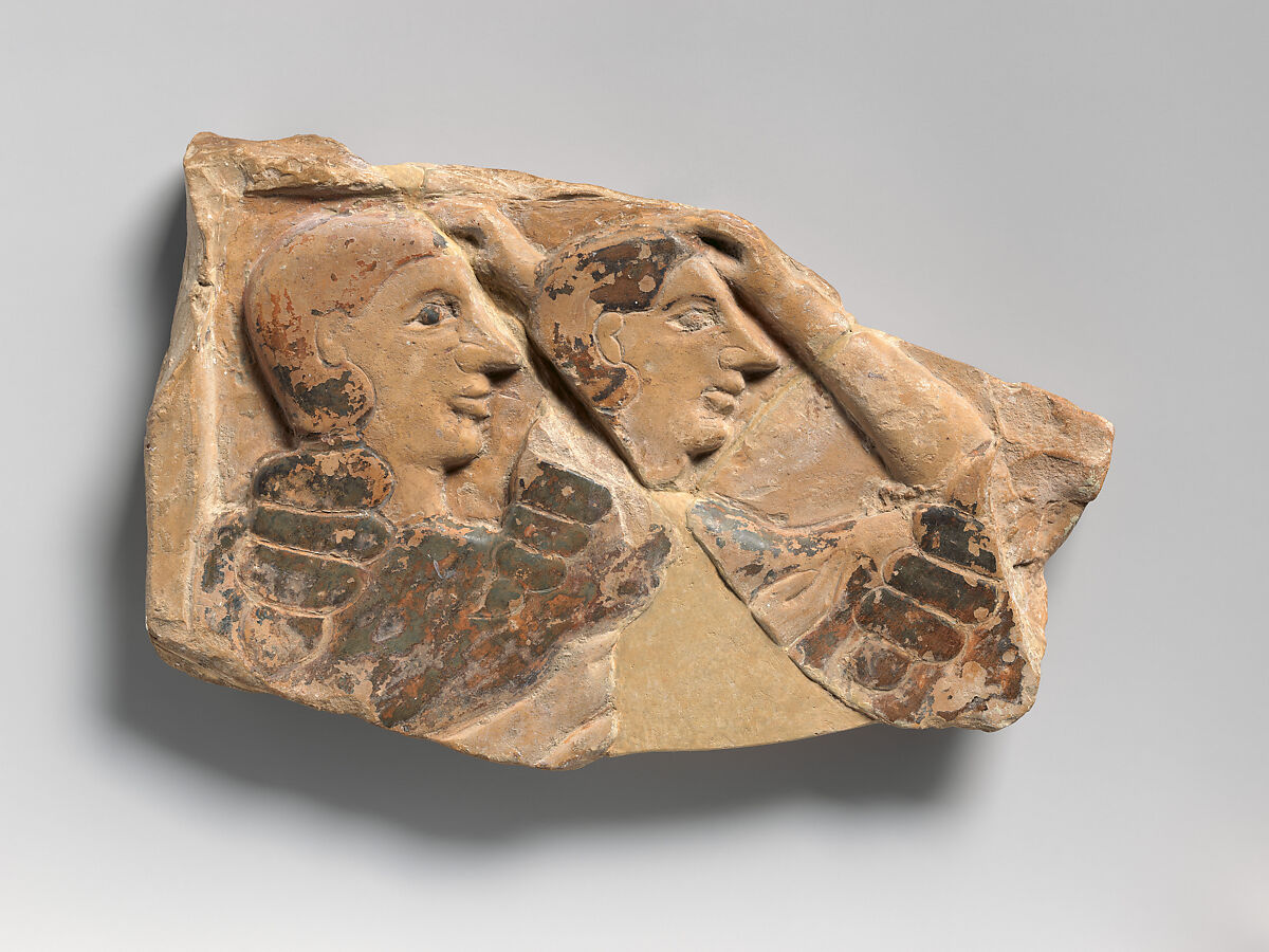 Fragment of a terracotta funerary plaque, Terracotta, Greek, Attic 