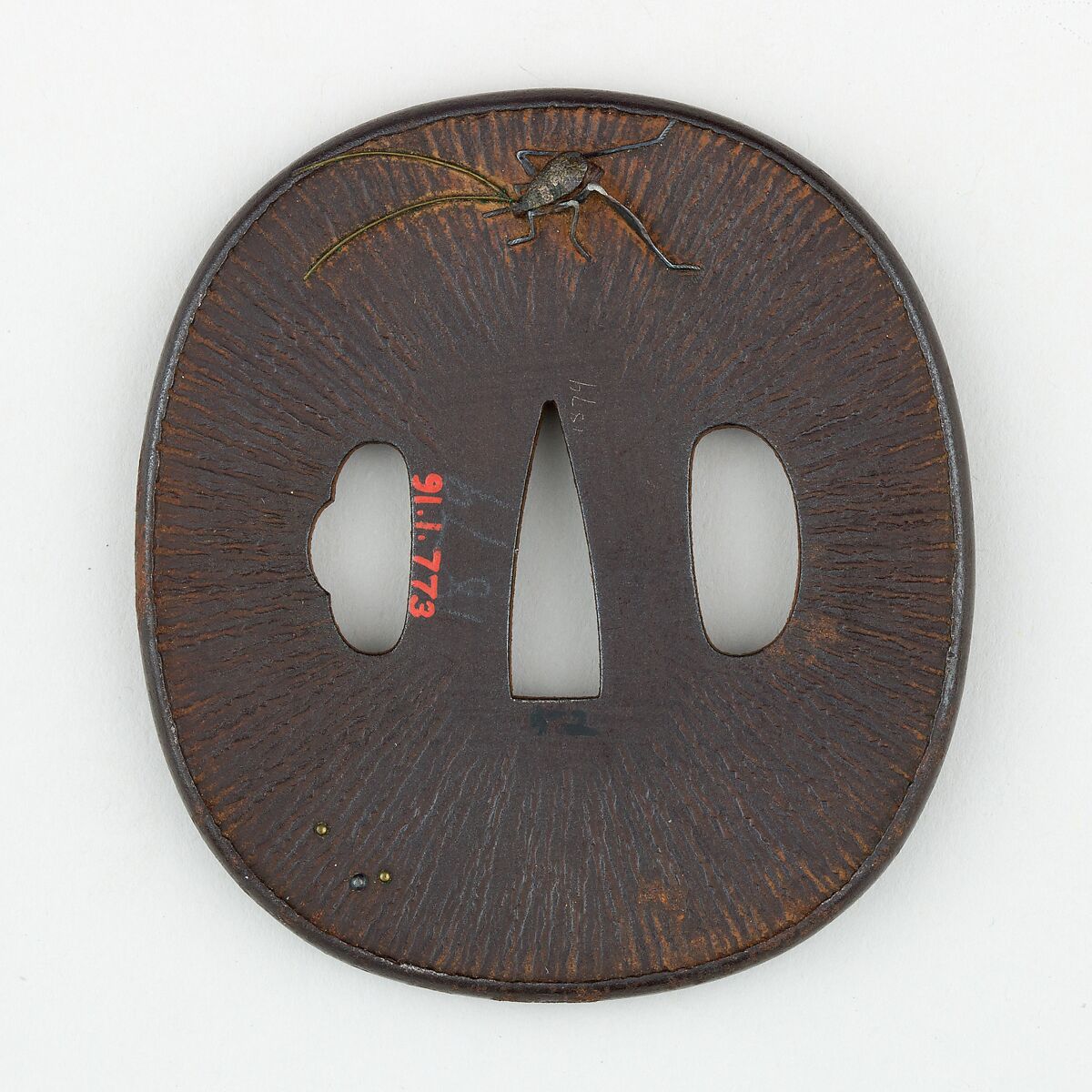 Sword Guard (<i>Tsuba</i>) Depicting Crickets (鈴虫図鐔), Iron, gold, copper-silver alloy (shibuichi) or silver, bronze, copper, Japanese