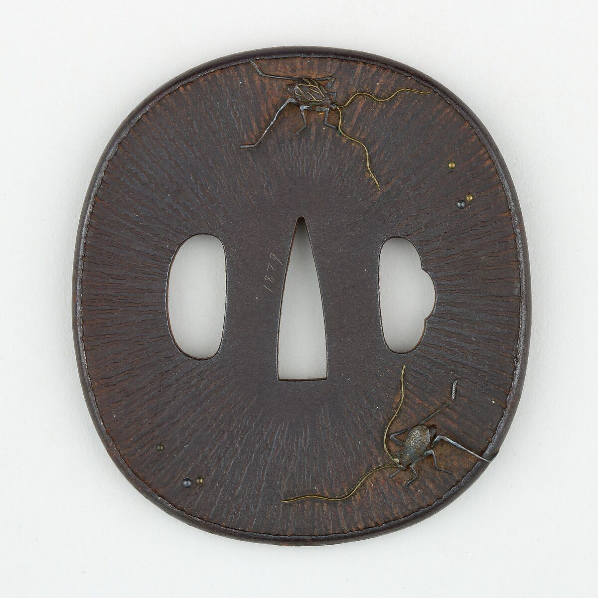 Sword Guard (<i>Tsuba</i>) Depicting Crickets (鈴虫図鐔), Iron, gold, copper-silver alloy (shibuichi) or silver, bronze, copper, Japanese 