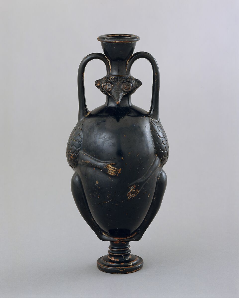 Terracotta amphoriskos (flask) in the form of a bird-man, Terracotta, Greek, Attic 