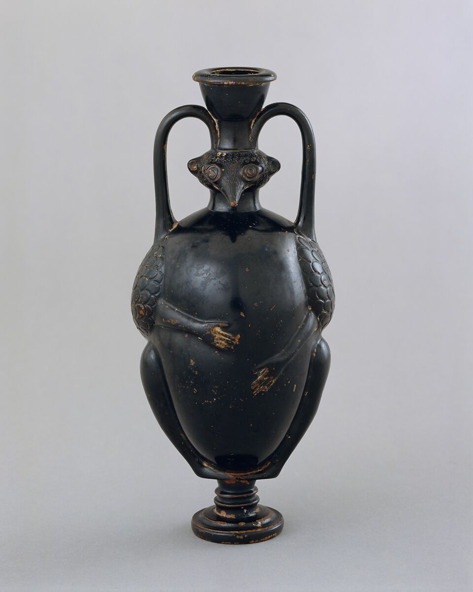 Terracotta amphoriskos (flask) in the form of a bird-man, Terracotta, Greek, Attic