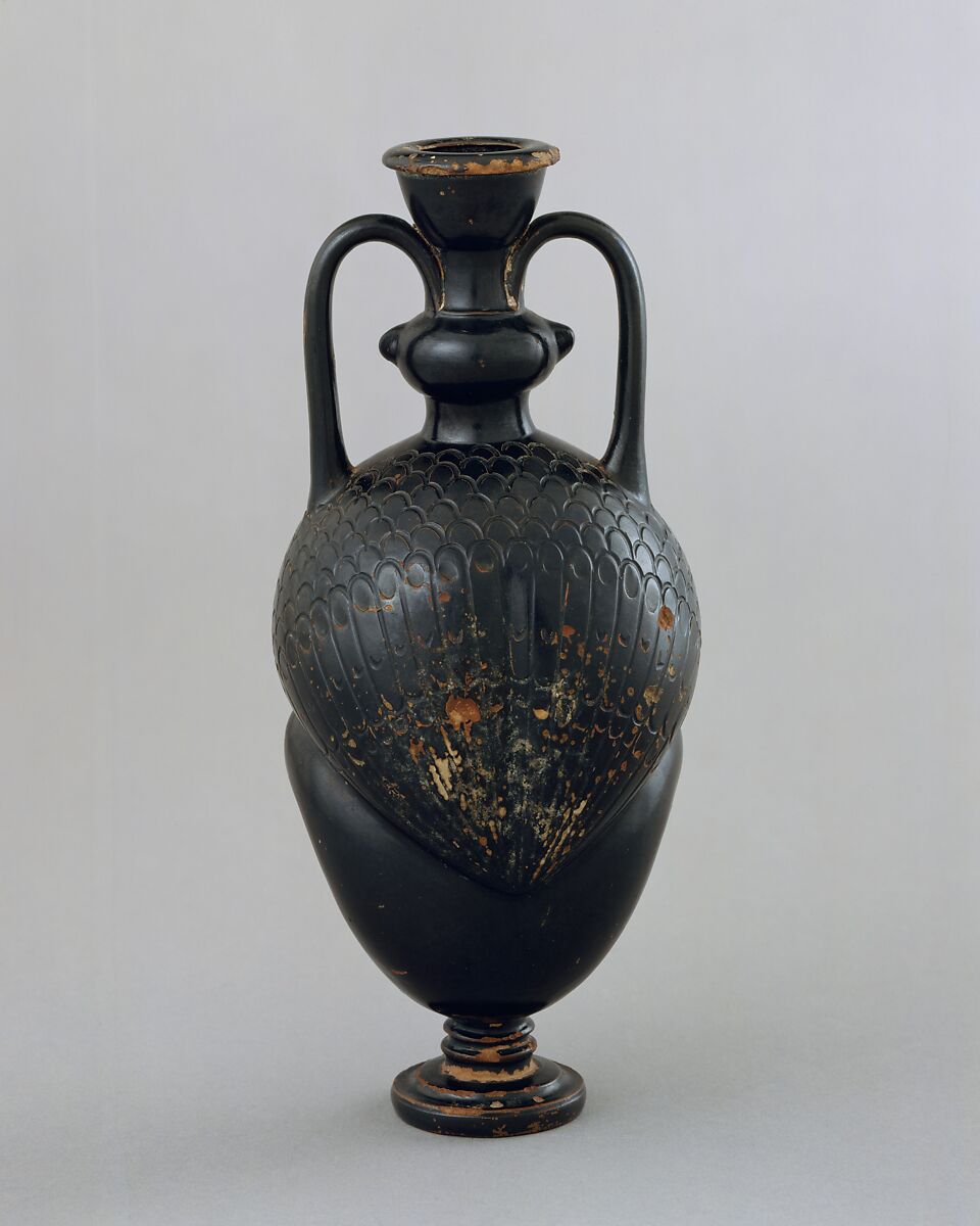 Terracotta amphoriskos (flask) in the form of a bird-man, Terracotta, Greek, Attic