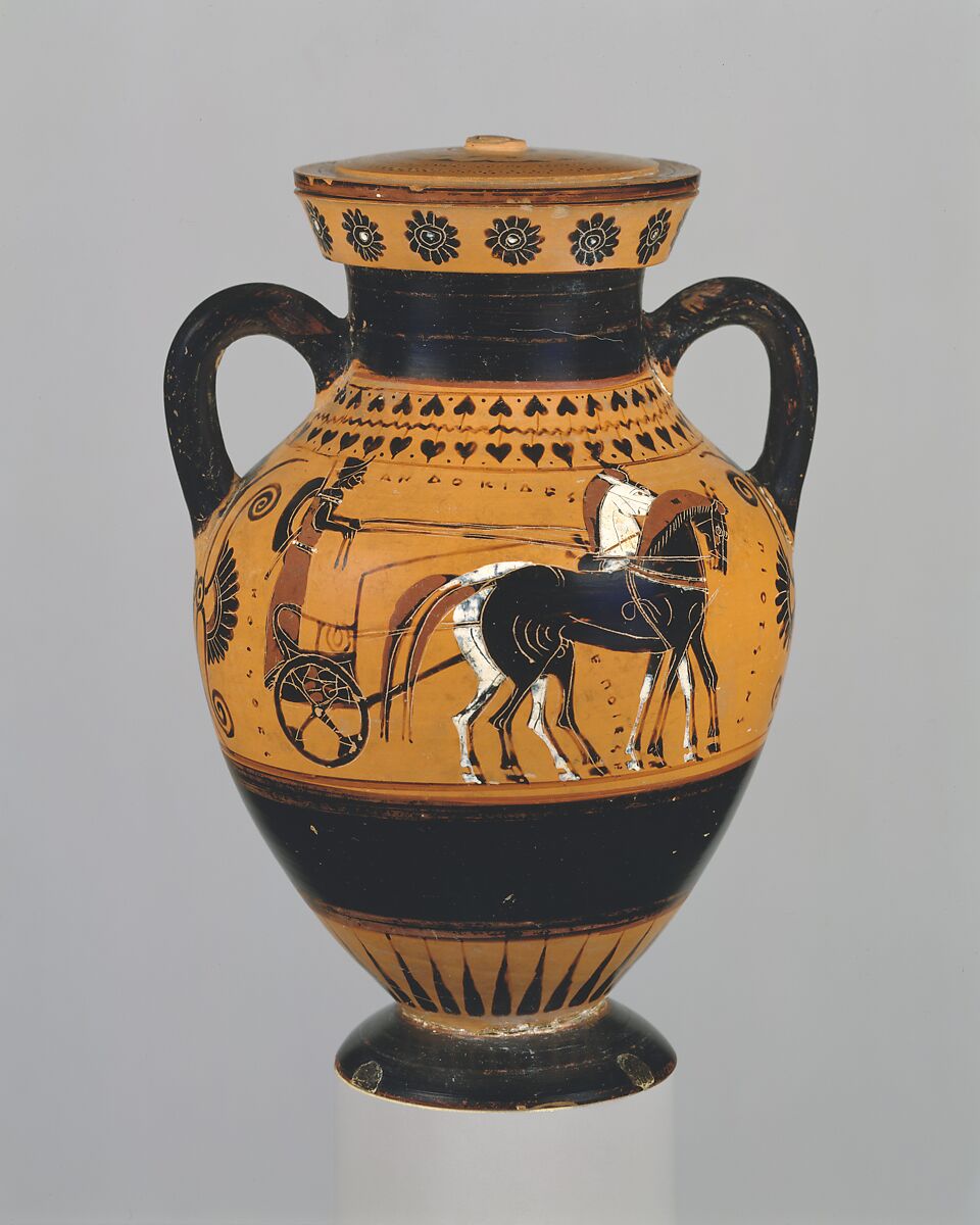Terracotta amphora (jar), Signed by Andokides as potter, Terracotta, Greek, Attic 