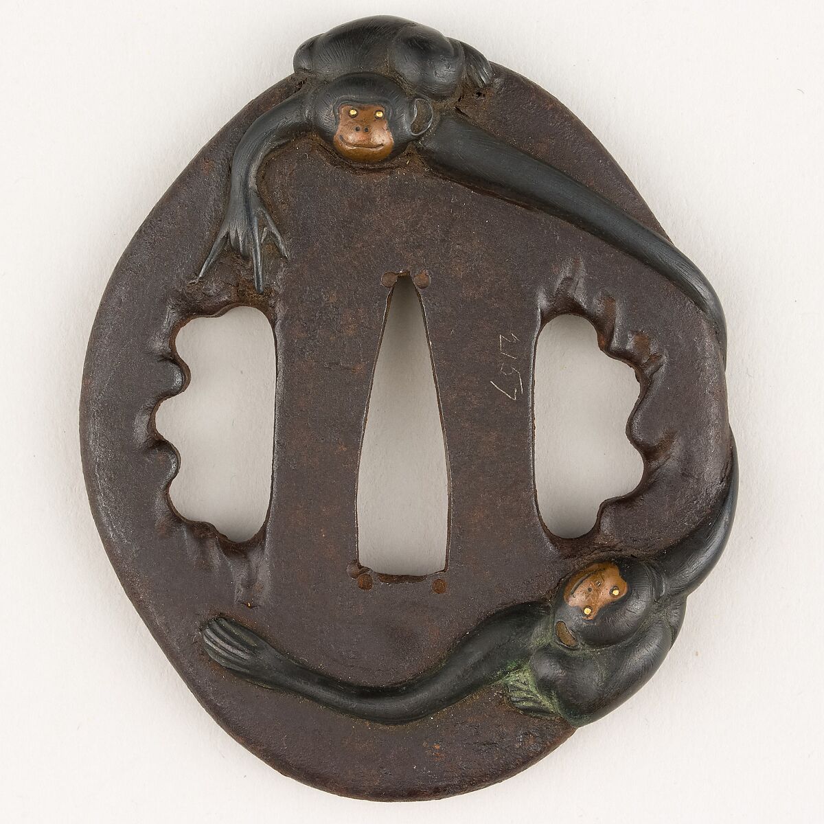 Sword Guard (<i>Tsuba</i>) Depicting Two Gibbons (二疋手長猿図鐔), Iron, gold-copper alloy (shakudō), copper, gold, Japanese 