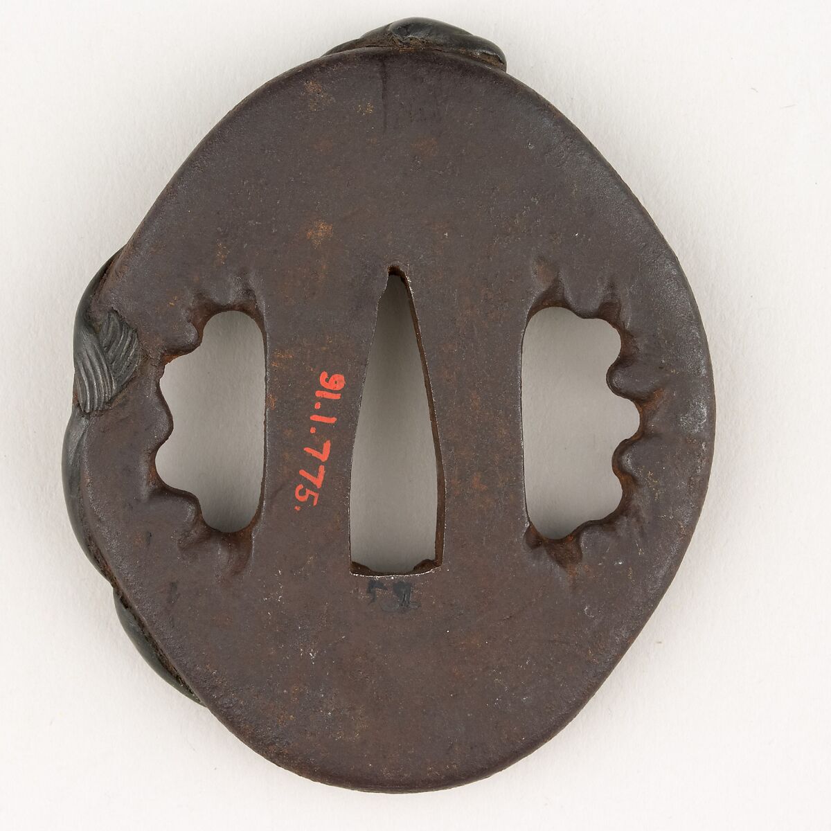 Sword Guard (<i>Tsuba</i>) Depicting Two Gibbons (二疋手長猿図鐔), Iron, gold-copper alloy (shakudō), copper, gold, Japanese