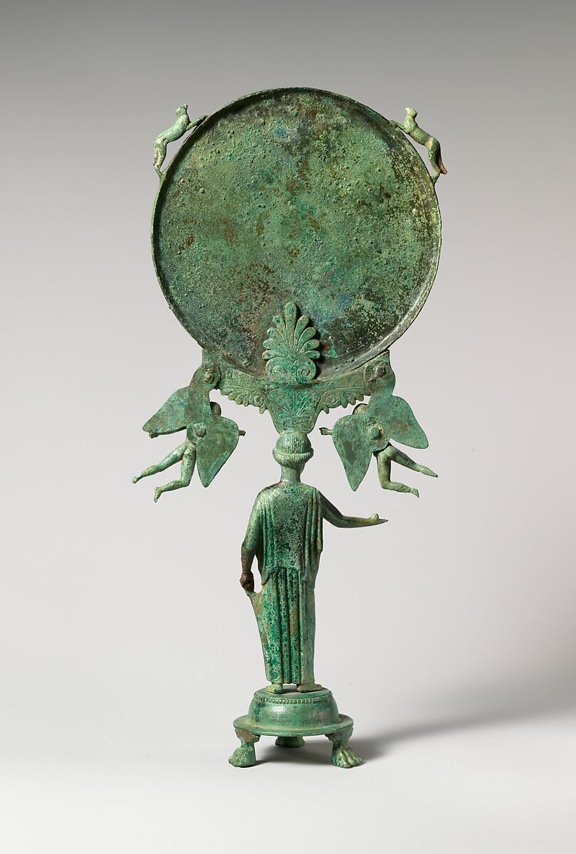 Bronze mirror with a support in the form of a draped woman, Bronze, Greek