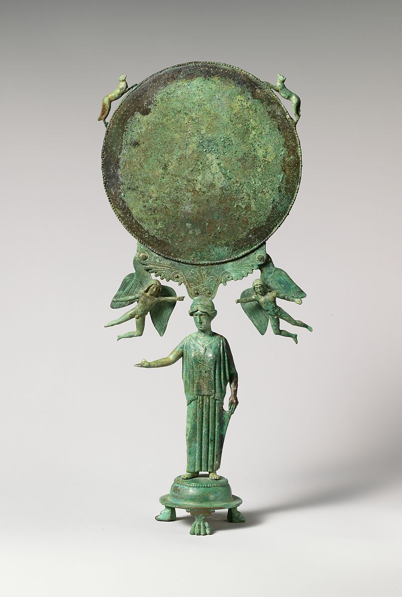 Bronze mirror with a support in the form of a draped woman, Bronze, Greek 