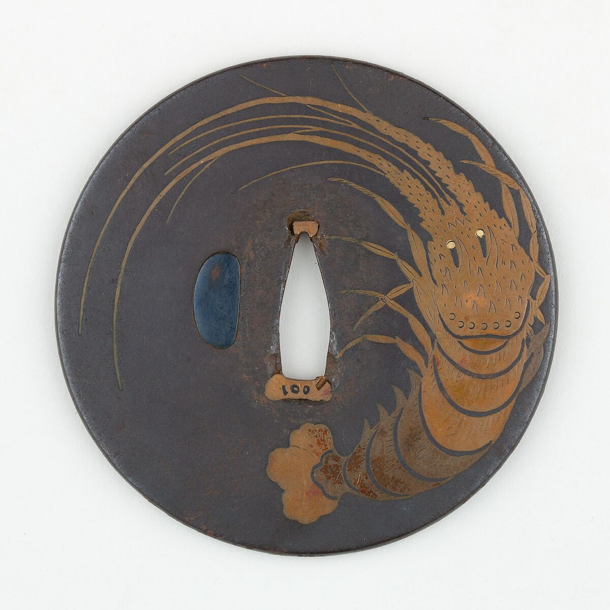 Sword Guard (<i>Tsuba</i>) Depicting Prawn (海老図鐔), Iron, copper, gold, copper-gold alloy (shakudō), copper-silver alloy (shibuichi), Japanese 