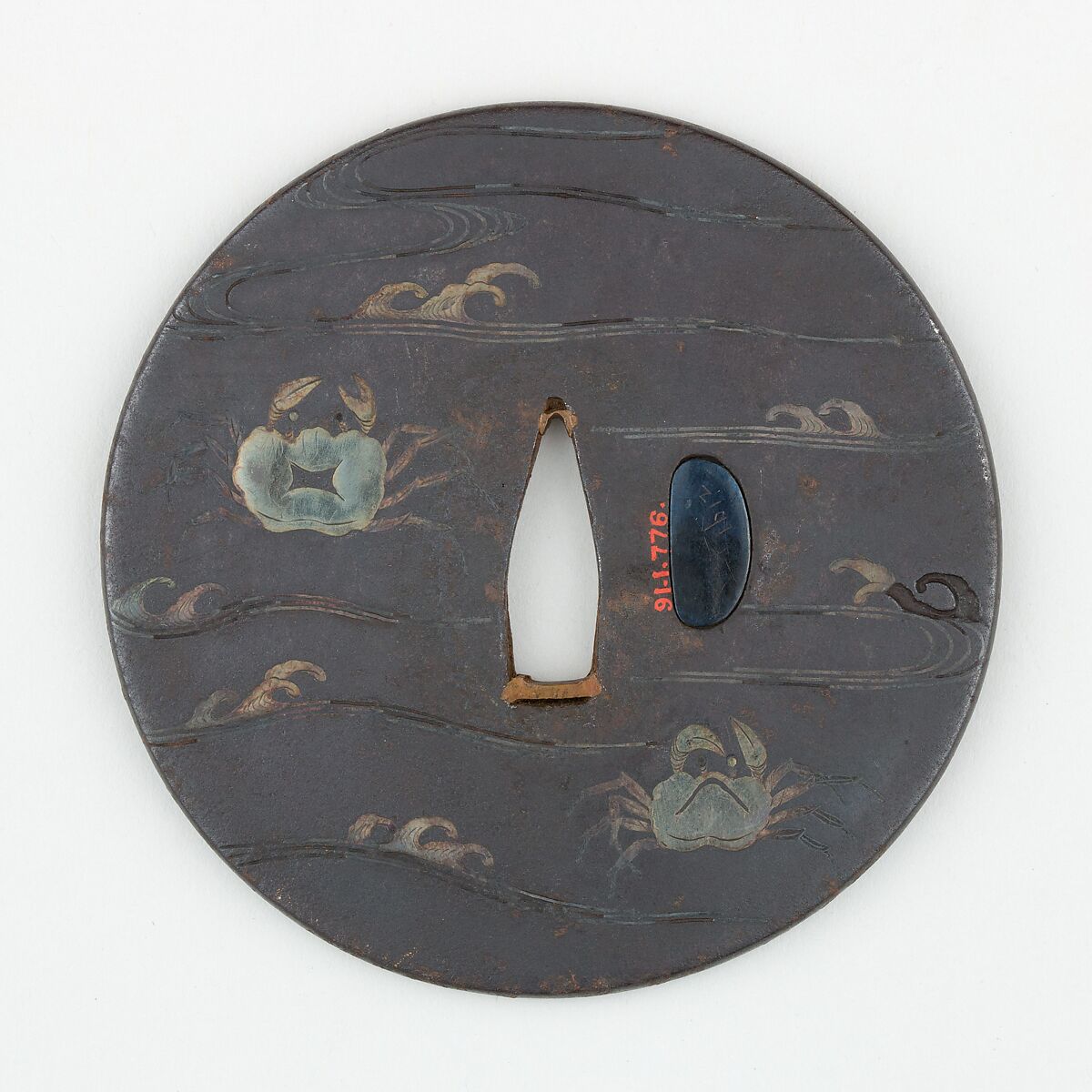 Sword Guard (<i>Tsuba</i>) Depicting Prawn (海老図鐔), Iron, copper, gold, copper-gold alloy (shakudō), copper-silver alloy (shibuichi), Japanese