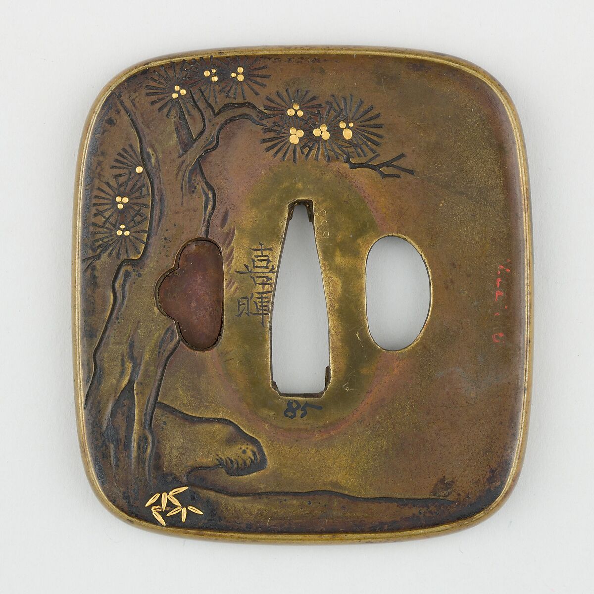 Sword Guard (<i>Tsuba</i>) Depicting Hanshan and Shide (寒山拾得図鐔), Yoshiteru (Japanese, active 18th century), Brass, gold, silver, copper-gold alloy (shakudō), Japanese