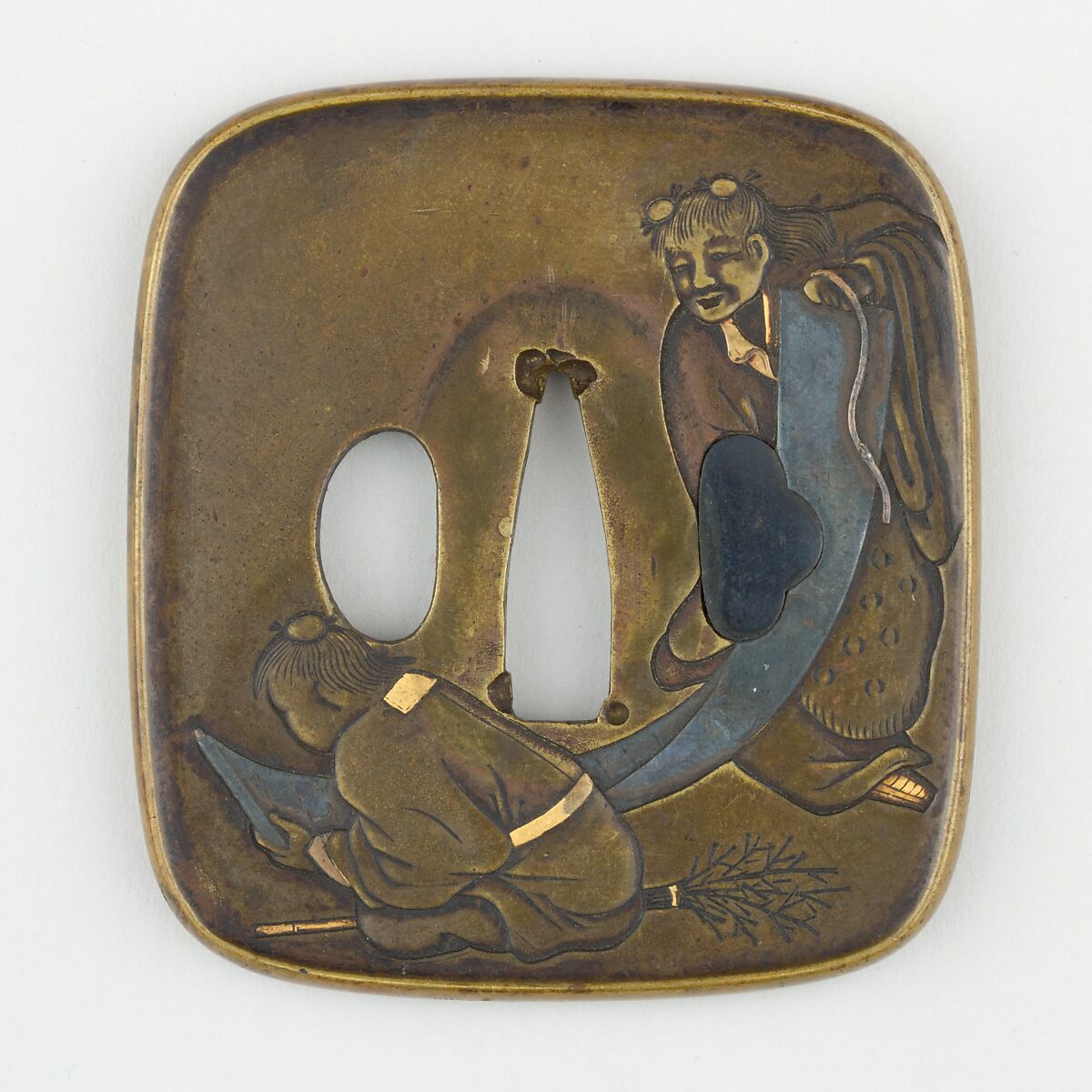 Sword Guard (<i>Tsuba</i>) Depicting Hanshan and Shide (寒山拾得図鐔), Yoshiteru (Japanese, active 18th century), Brass, gold, silver, copper-gold alloy (shakudō), Japanese 
