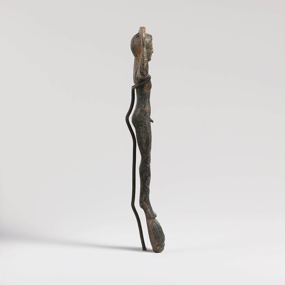 Bronze handle of a patera (shallow basin) in the form of a youth, Bronze, Greek