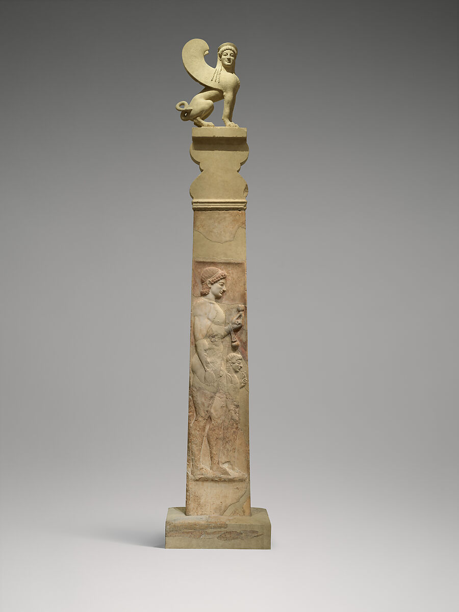 Marble stele (grave marker) with a youth and little girl, and a capital and finial in the form of a sphinx, Marble, Greek, Attic 