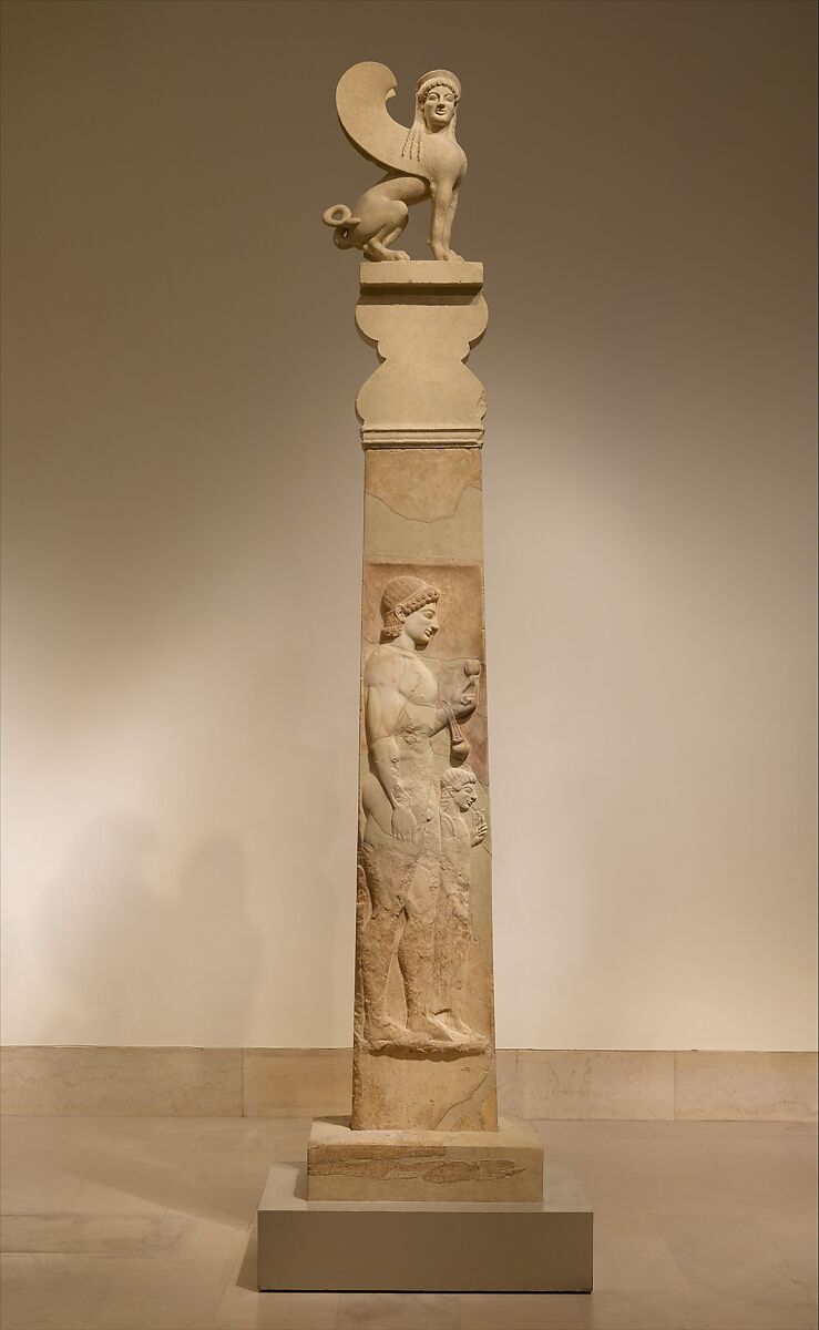 From the description by the Metropolitan Museum of Art: "This is the most complete grave monument of its type to have survived from the Archaic period...The youth on the shaft is shown as an athlete, with an aryballos (oil flask) suspended from his wrist. Athletics were an important part of every boy's education, and oil was used as a cleanser after exercise. He holds a pomegranate—a fruit associated with both fecundity and death in Greek myths—perhaps indicating that he had reached puberty before his death. The little girl, presumably a younger sister, holds a flower" (MET, 2022).