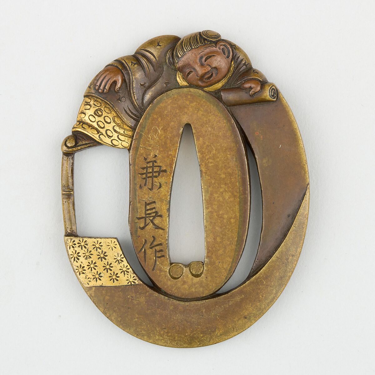 Sword Guard (<i>Tsuba</i>) Depicting Hanshan and Shide (寒山拾得図鐔), Brass (sentoku), gold, copper, Japanese 