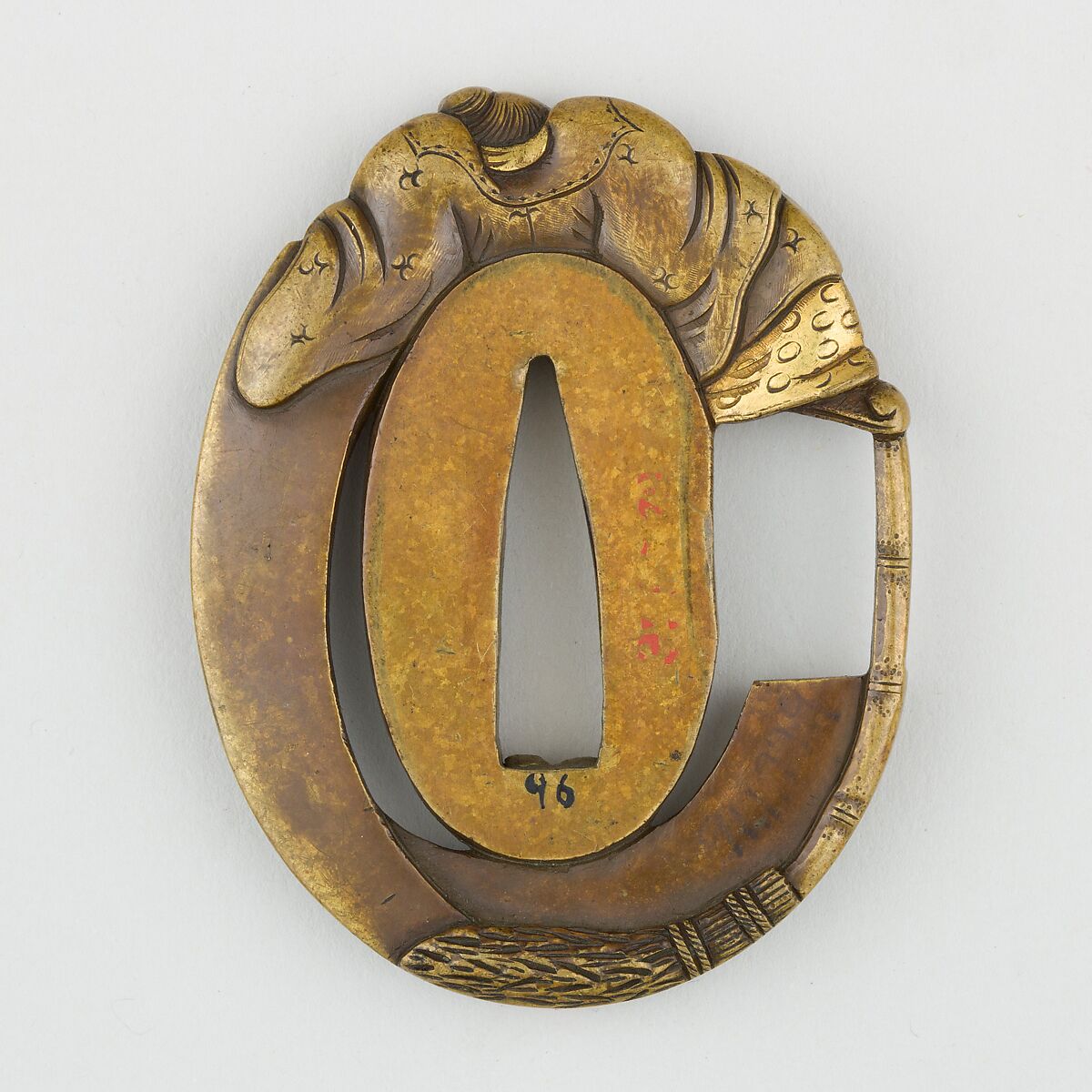 Sword Guard (<i>Tsuba</i>) Depicting Hanshan and Shide (寒山拾得図鐔), Brass (sentoku), gold, copper, Japanese