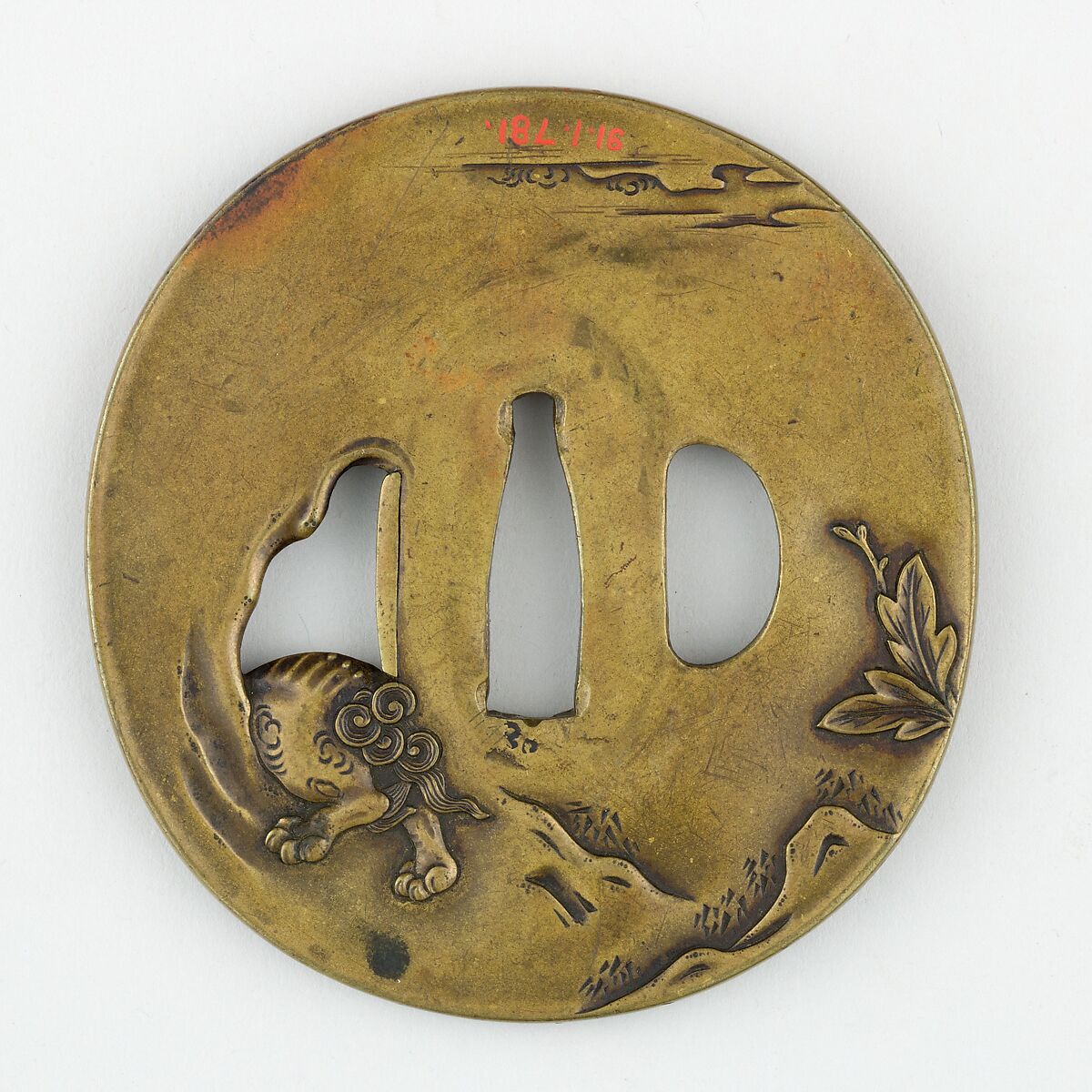 Sword Guard (<i>Tsuba</i>) With <i>Shishi</i> Lion and Peonies Motif (獅子牡丹図鐔), Brass (sentoku), Japanese