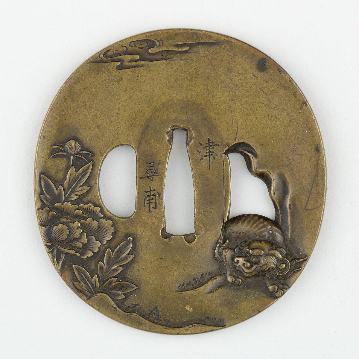 Sword Guard (Tsuba) With Shishi Lion and Peonies Motif (獅子牡丹図 