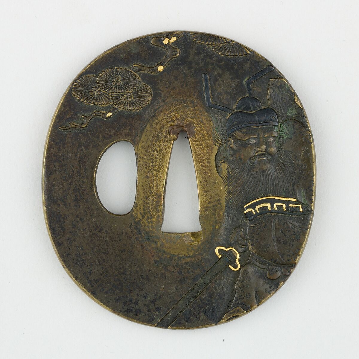 Sword Guard (<i>Tsuba</i>) Depicting Shōki the Demon Queller (鬼鍾馗図鐔), Possibly bronze, gold, copper, Japanese 