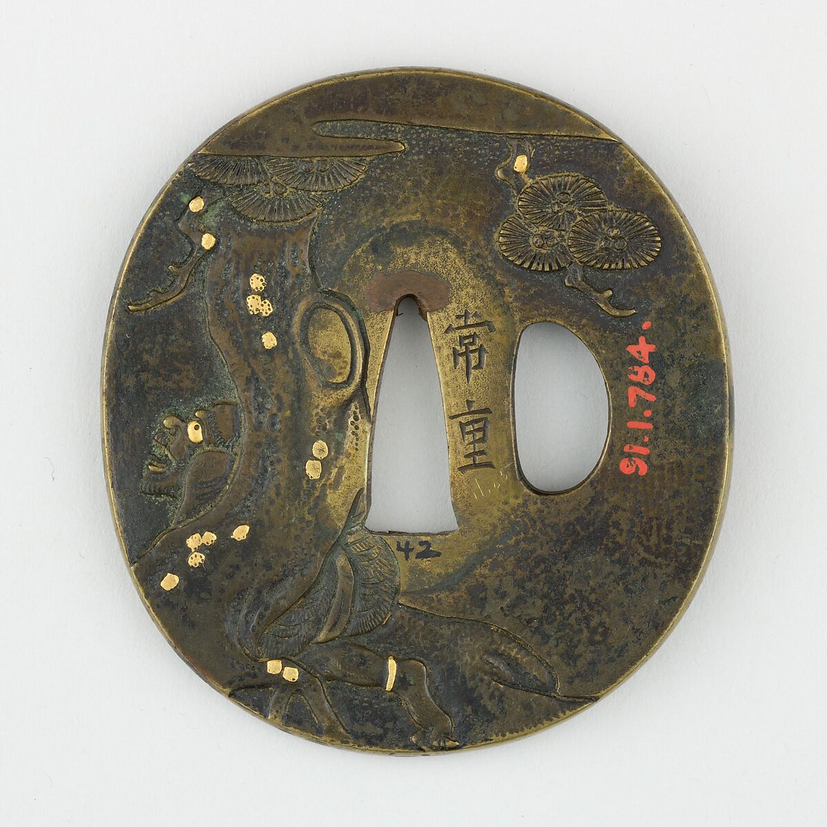 Sword Guard (<i>Tsuba</i>) Depicting Shōki the Demon Queller (鬼鍾馗図鐔), Possibly bronze, gold, copper, Japanese