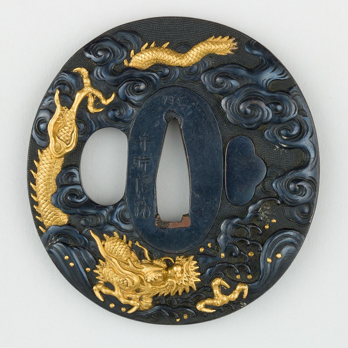 Sword Guard (<i>Tsuba</i>) Depicting Dragon Between Waves (波龍図鐔), Copper-gold alloy (shakudō), gold, copper, Japanese 