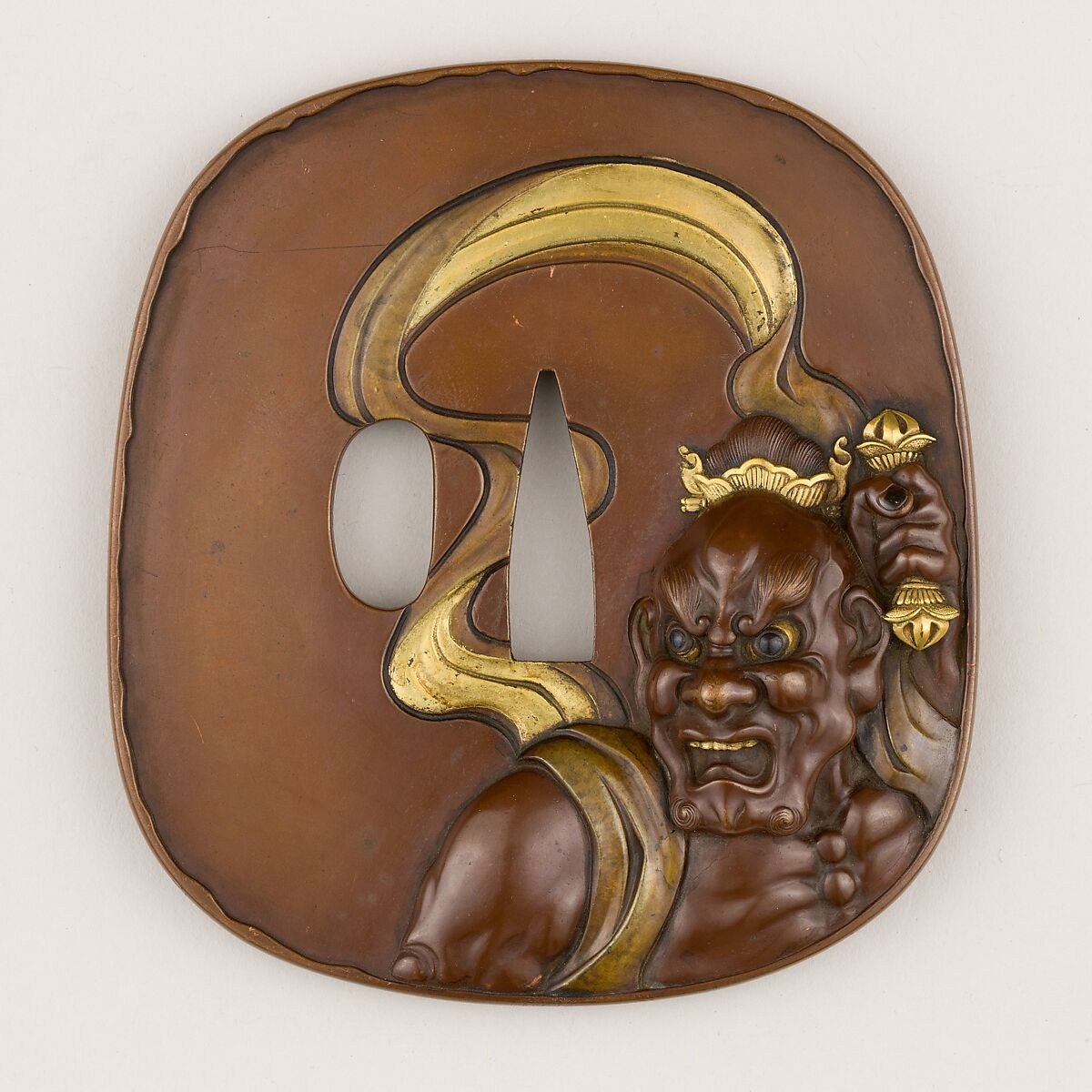 Sword Guard (<i>Tsuba</i>) Depicting Guardian of the Buddha (仁王図鐔), Copper (suaka), gold, copper-gold alloy (shakudō), Japanese 