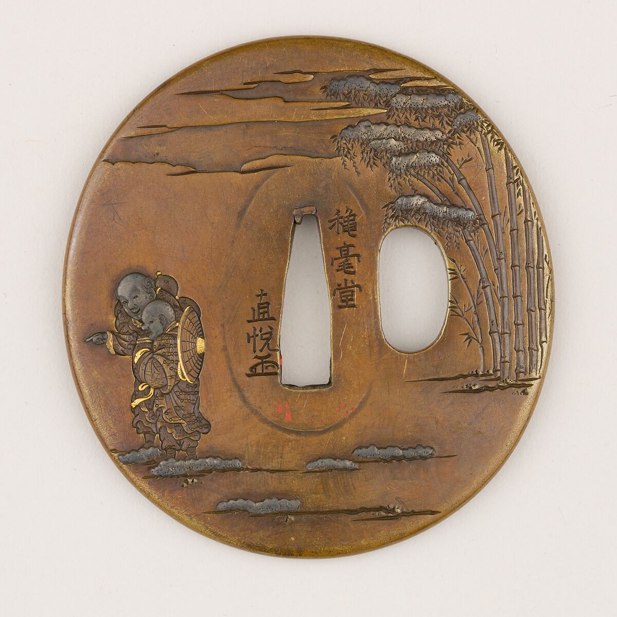 Sword guard (</>Tsuba</i>) Depicting Exiled Writer and Statesman Su Shi (蘇東坡図鐔), Copper alloy (possibly sentoku), copper, Japanese