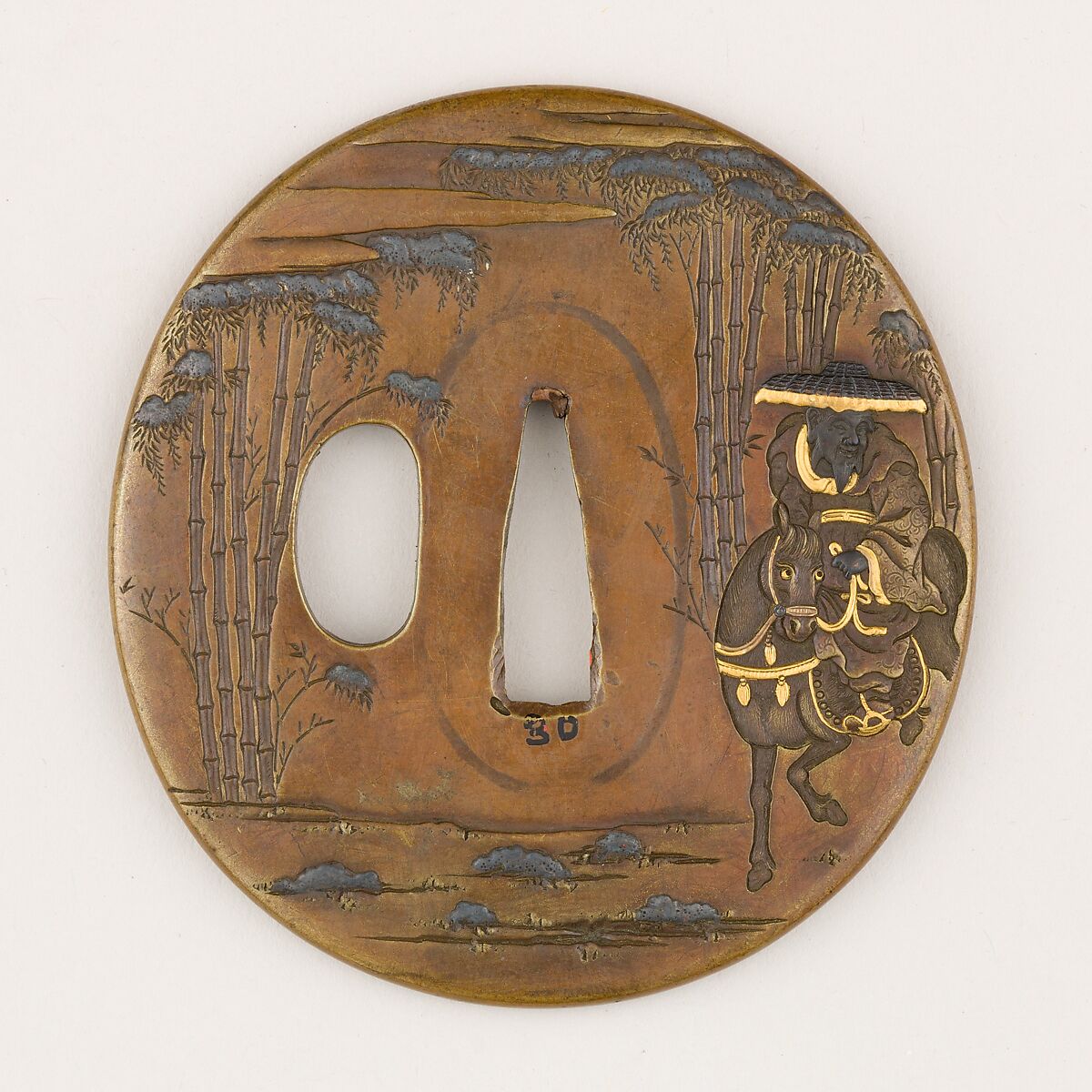 Sword guard (</>Tsuba</i>) Depicting Exiled Writer and Statesman Su Shi (蘇東坡図鐔), Copper alloy (possibly sentoku), copper, Japanese 