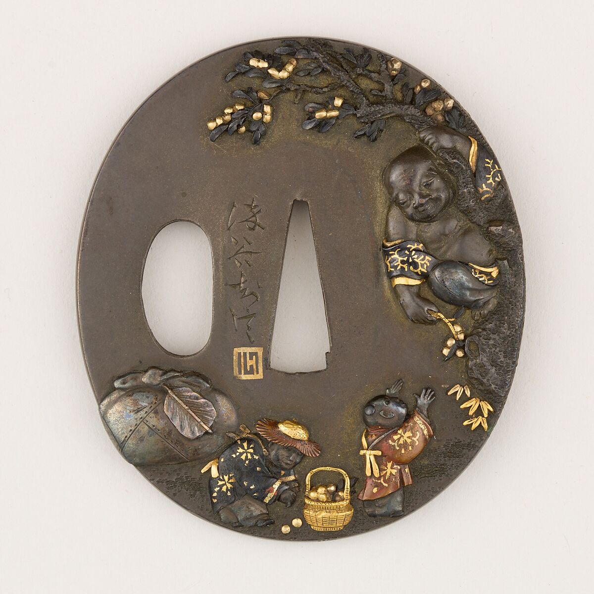 Sword guard (<i>Tsuba</i>) Depicting Hotei (布袋図鐔), Copper-silver alloy shibuichi), gold, copper-gold alloy (shakudō), copper, Japanese 