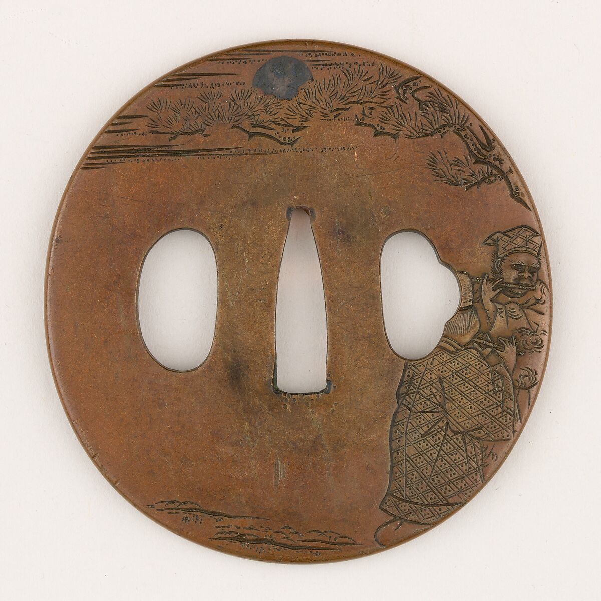 Sword guard (<i>Tsuba</i>) Depicting Minamoto no Hiromasa Playing the Flute (源博雅図鐔), Copper, copper-silver alloy (shibuichi), Japanese 