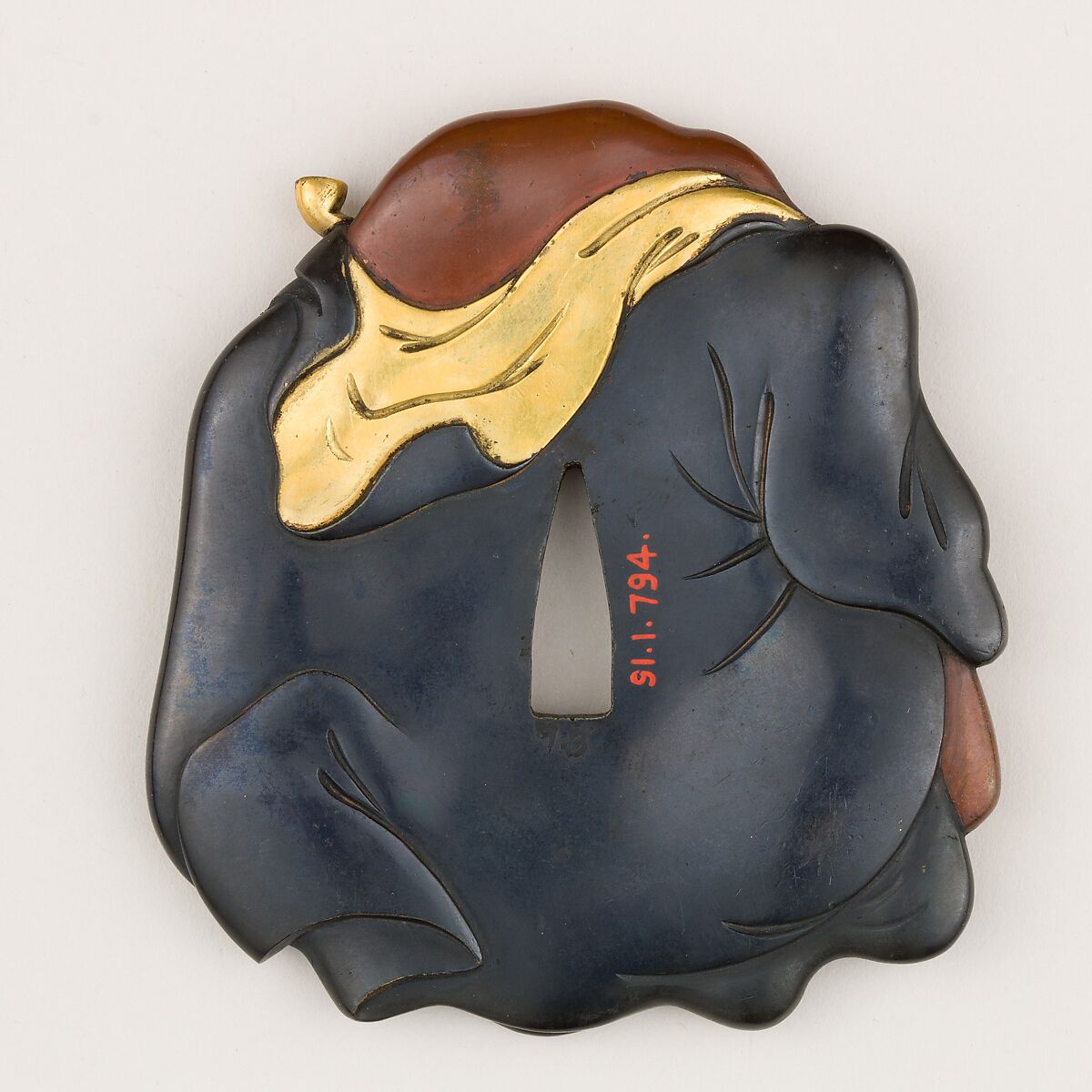 Sword Guard (Tsuba), Copper-gold alloy (shakudō), copper, gold, Japanese