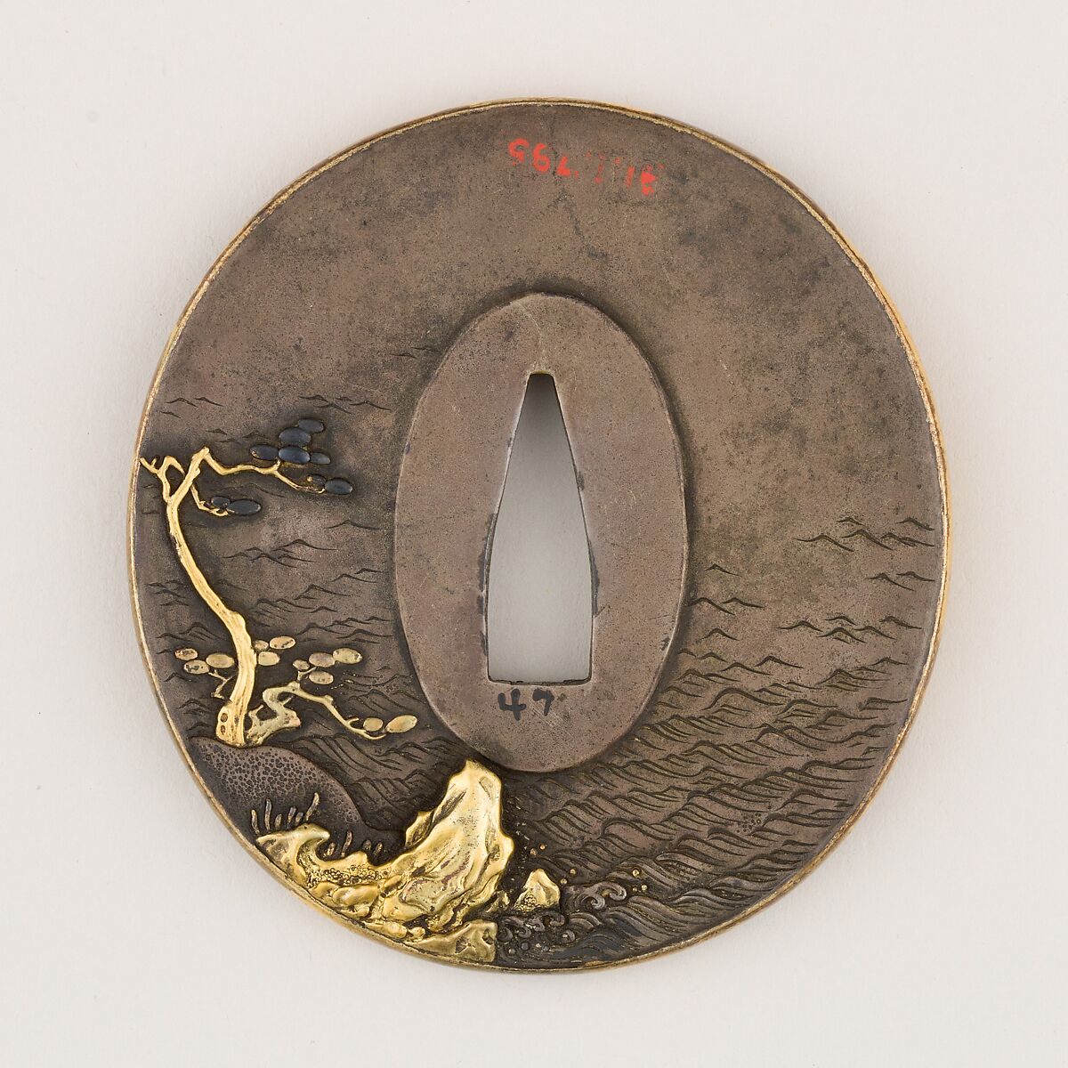 Sword guard (<i>Tsuba</i>) With the Motif of Lǐ Bái Viewing a Waterfall (李白観瀑図鐔), Copper-silver alloy (shibuichi), gold, copper-gold alloy (shakudō), copper, Japanese