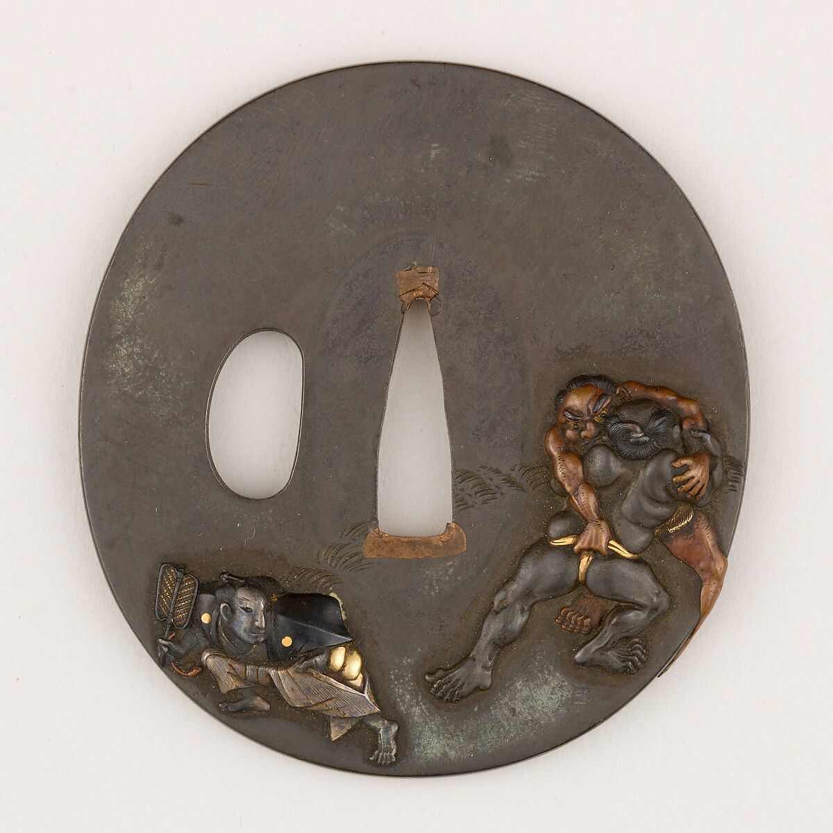 Sword guard (<i>Tsuba</i>) With Sumō Wrestling Motif (相撲図鐔), Copper-silver alloy (shibuichi), copper, gold, silver, copper-gold alloy (shakudō), Japanese 