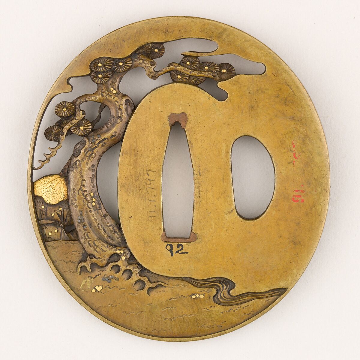 Sword Guard (<i>Tsuba</i>) Depicting Ebisu (恵比須図鐔), Copper alloy (sentoku), gold, copper, copper-gold alloy (shakudō), Japanese