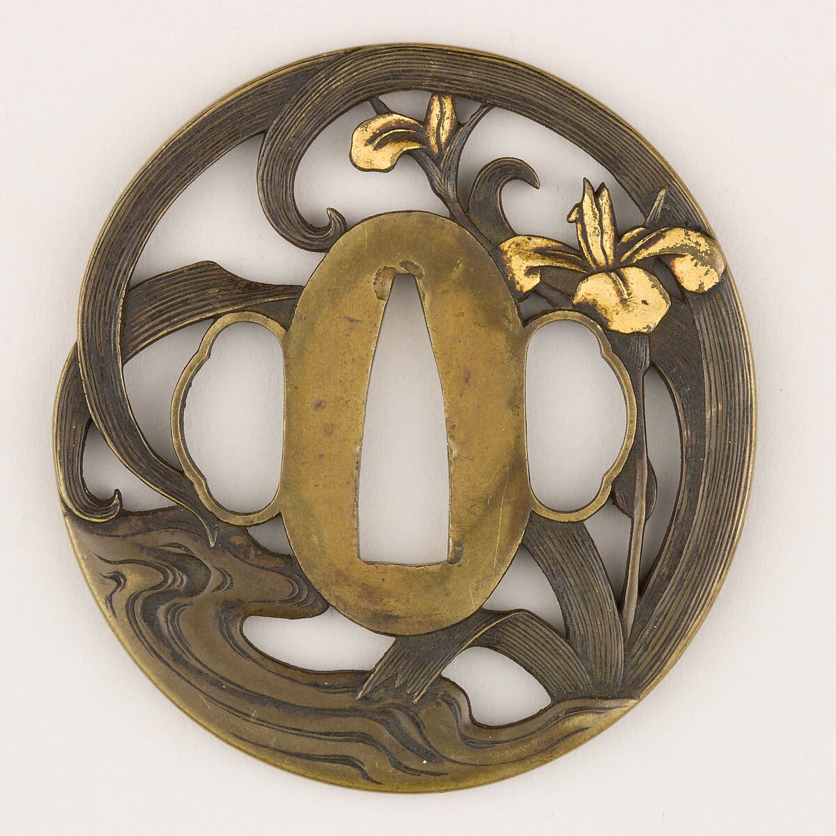 Sword Guard (<i>Tsuba</i>) Depicting Iris in Running Water (水辺の杜若図鐔), Brass, gold, Japanese 