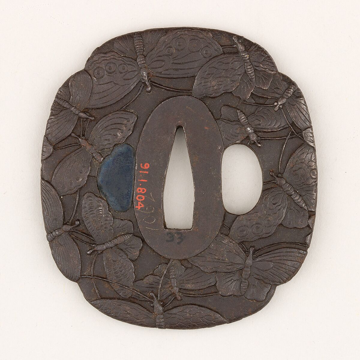 Sword Guard (Tsuba), Iron, copper-gold alloy (shakudō), Japanese