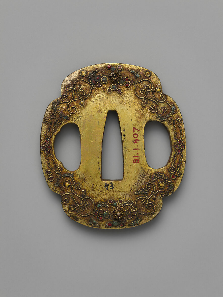 Sword Guard (<i>Tsuba</i>) With the Motif of Chrysanthemums and Arabesques (菊唐草に七宝図鐔), Brass, enameled cloisonné (<i>shippō</i>), copper, Japanese