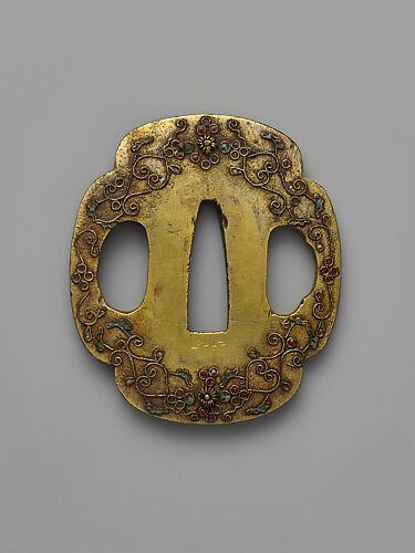 Sword Guard (<i>Tsuba</i>) With the Motif of Chrysanthemums and Arabesques (菊唐草に七宝図鐔)